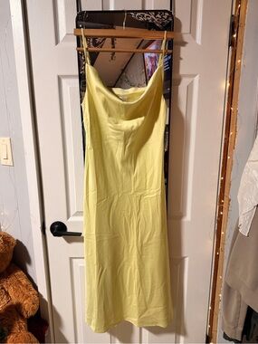 storets Yellow Satin Slip Midi Dress with Cowl Neck
